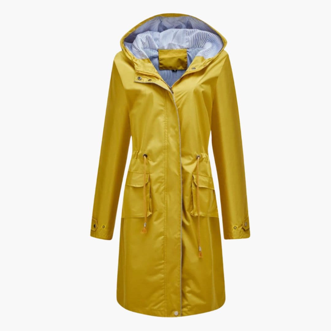 Kvindelig trenchcoat med hætte og klaplommer foran