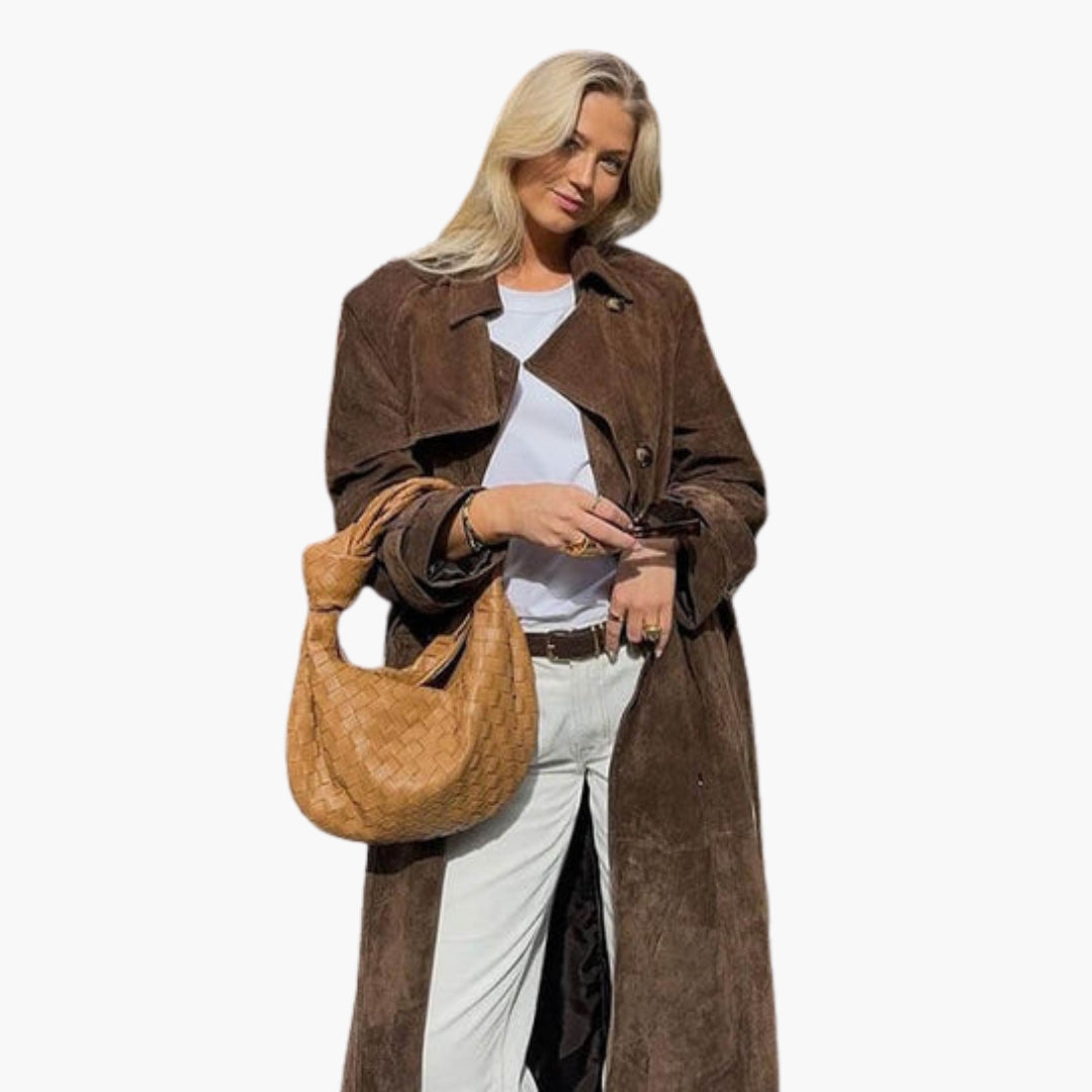 Trenchcoat lang Damen mit Reverskragen und Bindegürtel