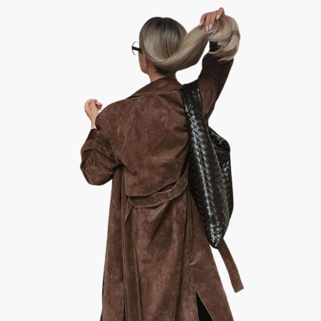 Trenchcoat lang Damen mit Reverskragen und Bindegürtel