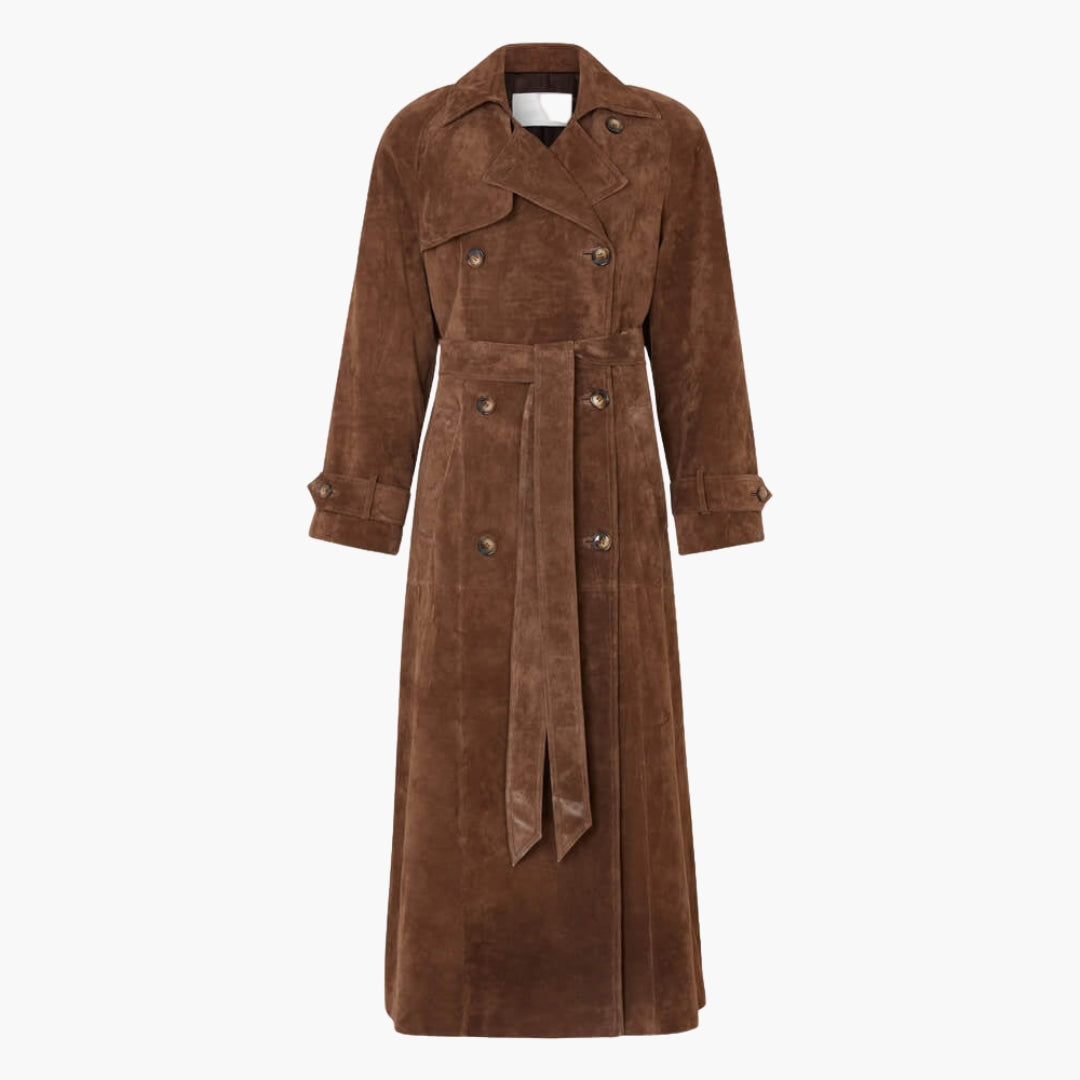 Trenchcoat lang Damen mit Reverskragen und Bindegürtel