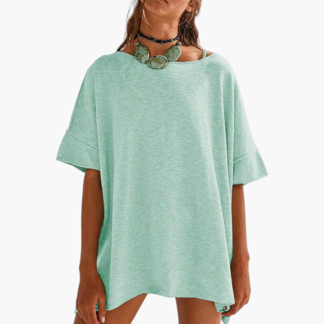 T-shirt Mulher com Mangas Dobradas e Gola Redonda