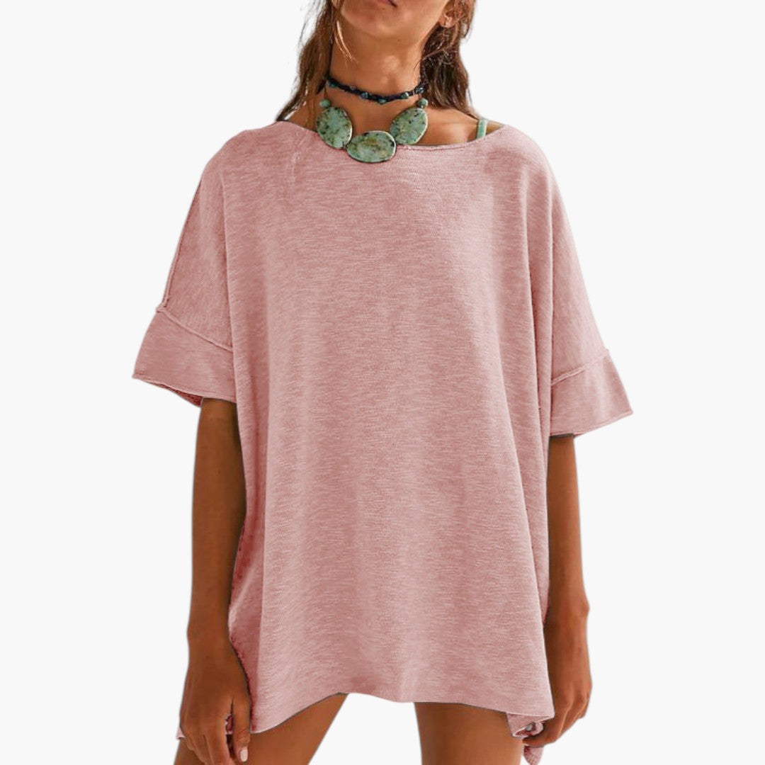 T-shirt Mulher com Mangas Dobradas e Gola Redonda