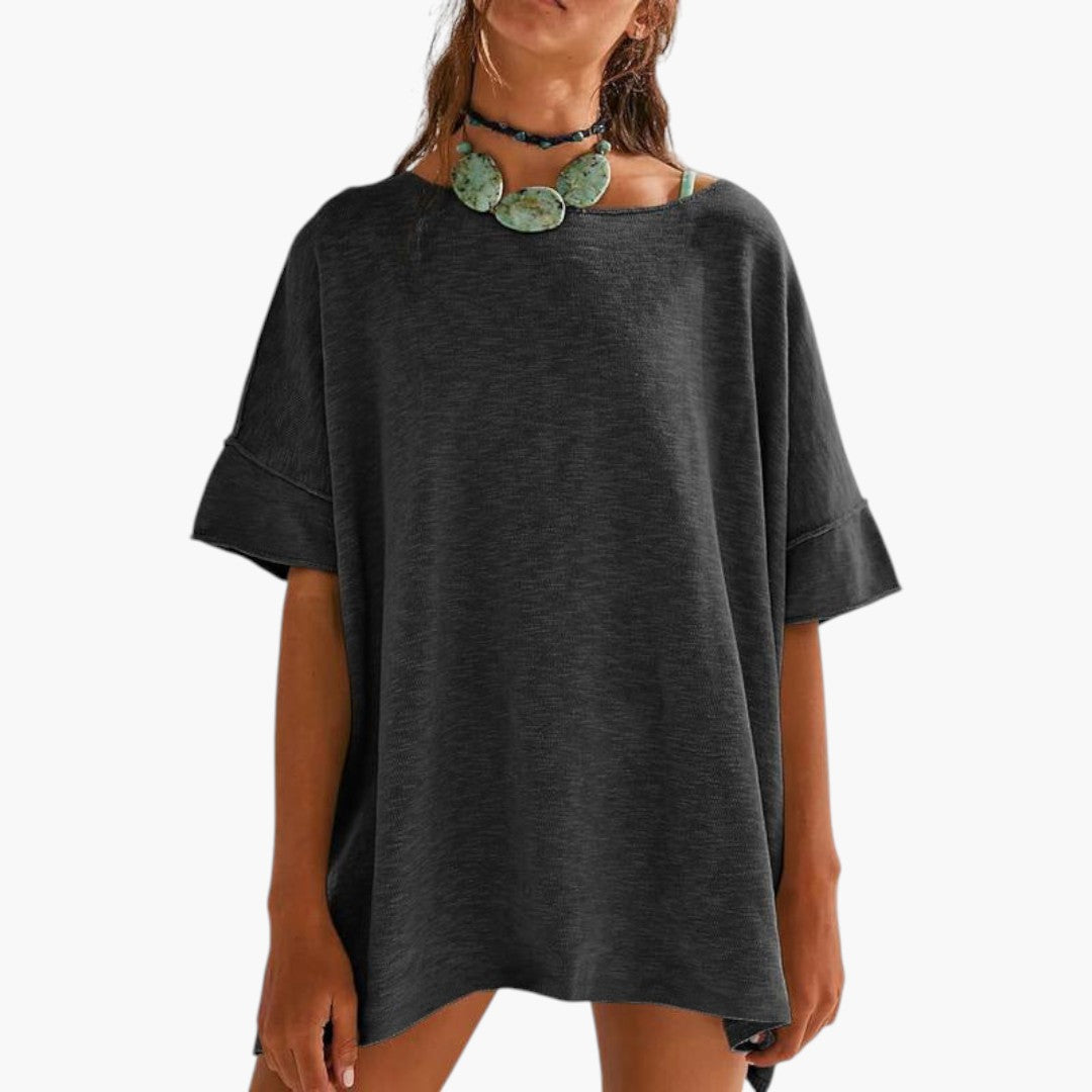 T-shirt Mulher com Mangas Dobradas e Gola Redonda