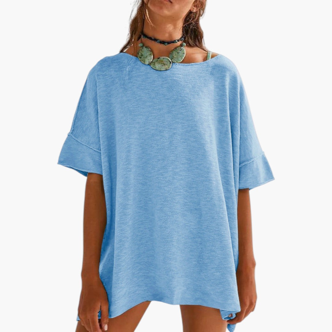 T-shirt Mulher com Mangas Dobradas e Gola Redonda