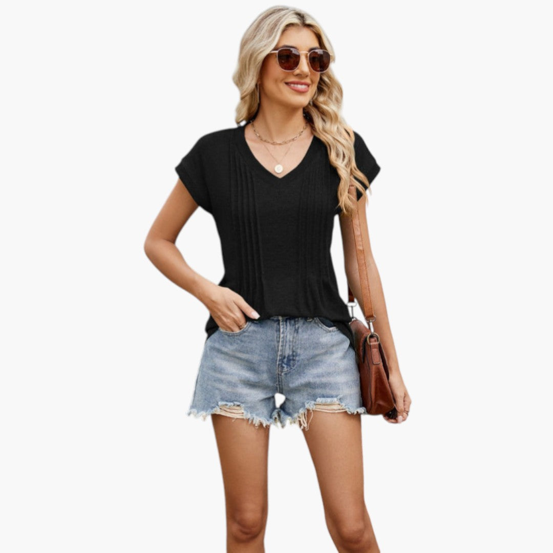 Camiseta para mujer con cuello en V y pliegues en la parte delantera