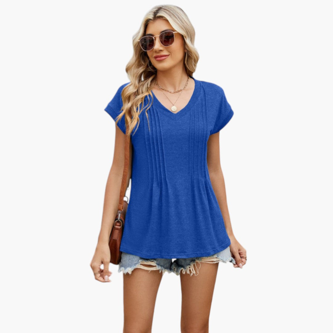 Camiseta para mujer con cuello en V y pliegues en la parte delantera
