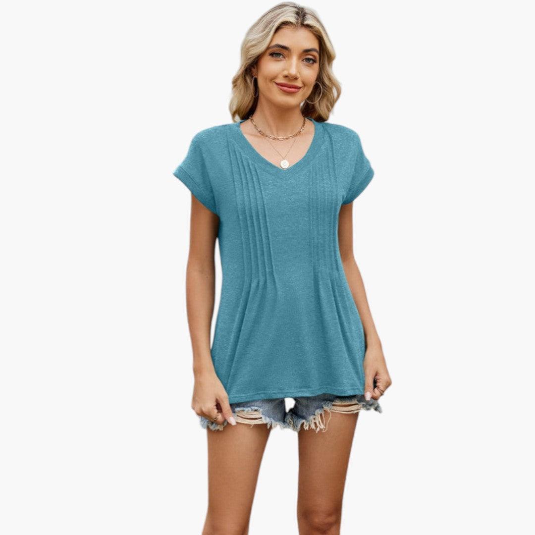 Camiseta para mujer con cuello en V y pliegues en la parte delantera