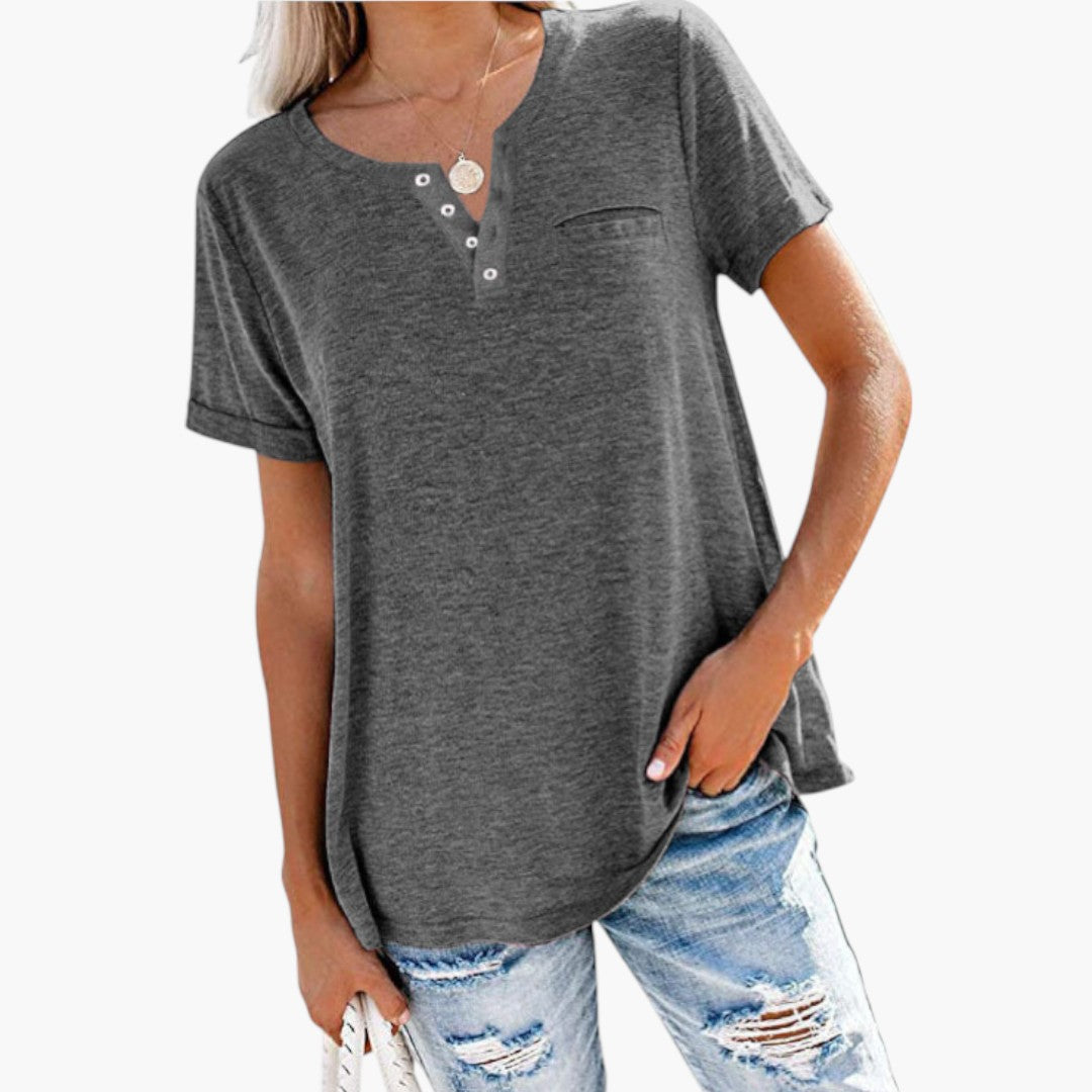 T shirt femme à encolure boutonnée et poche poitrine