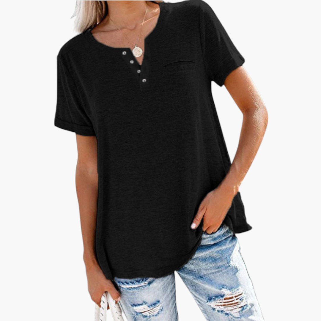 T shirt femme à encolure boutonnée et poche poitrine