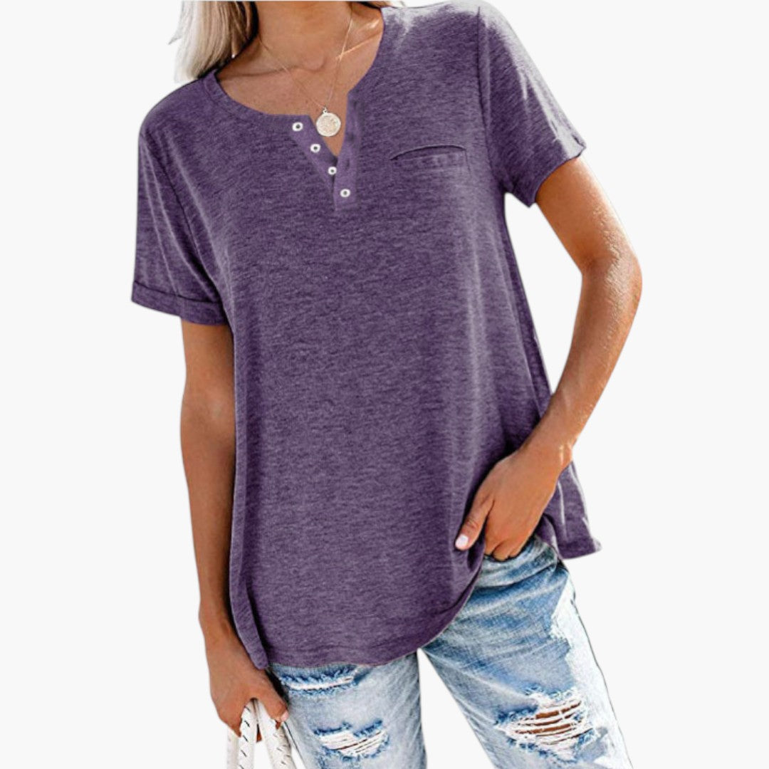 T shirt femme à encolure boutonnée et poche poitrine