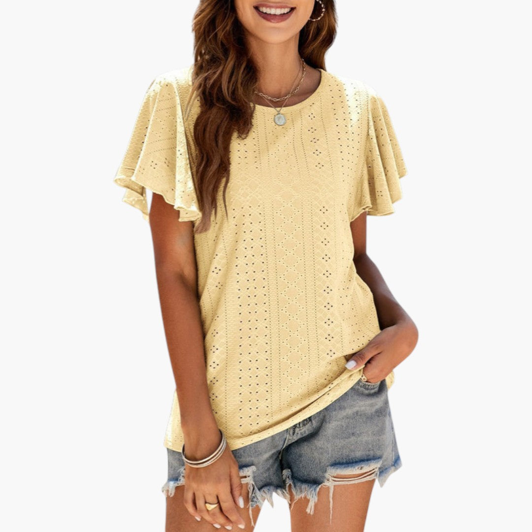 T shirt femme à manches volantées et surface ajourée