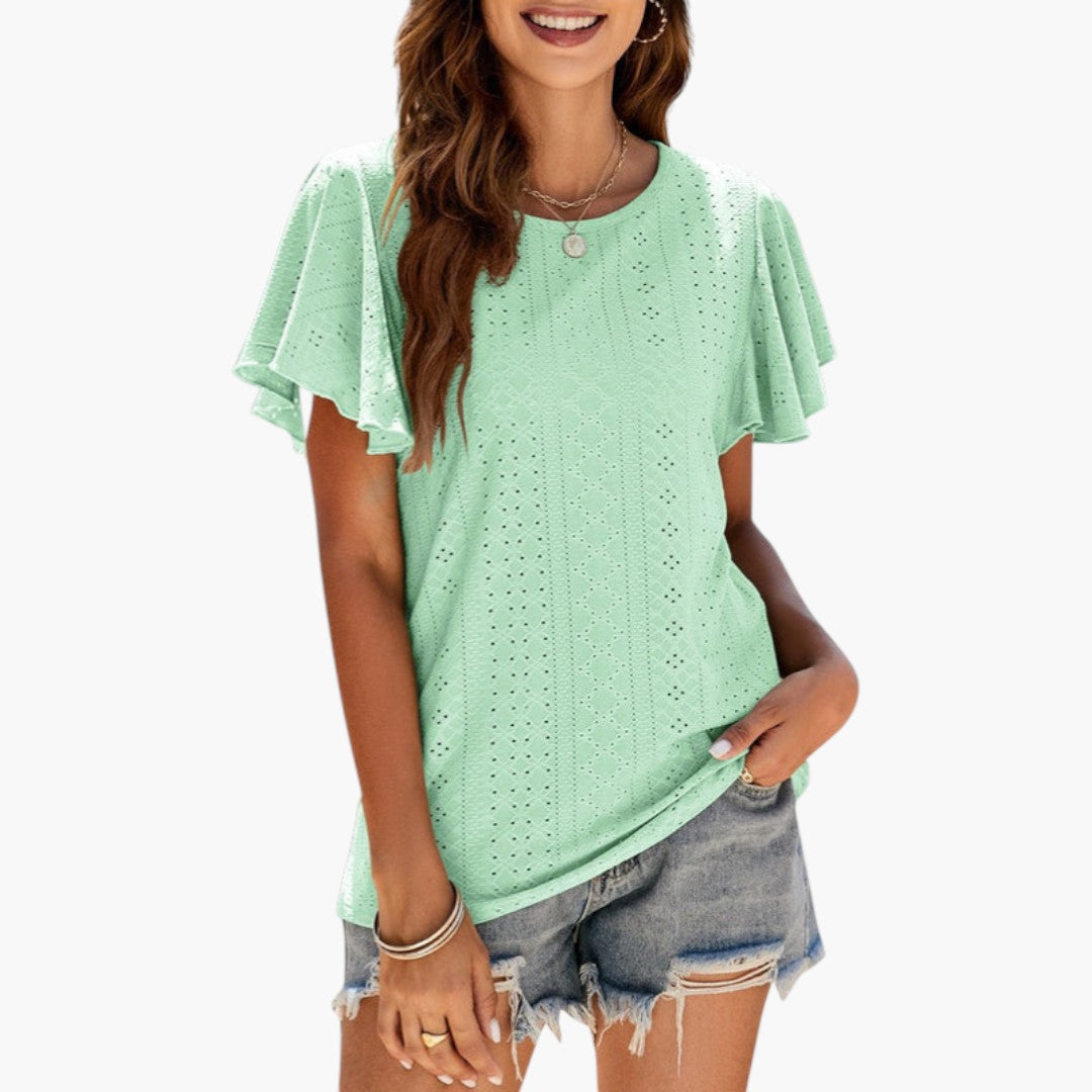 T shirt femme à manches volantées et surface ajourée