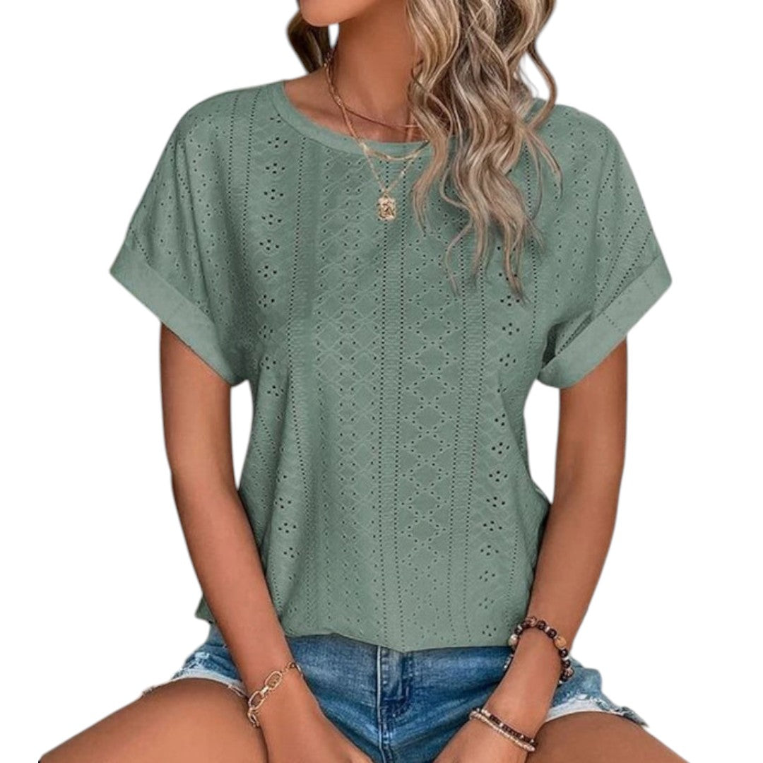 Damen-T-Shirt mit durchbrochenem Muster und kurzen Ärmeln