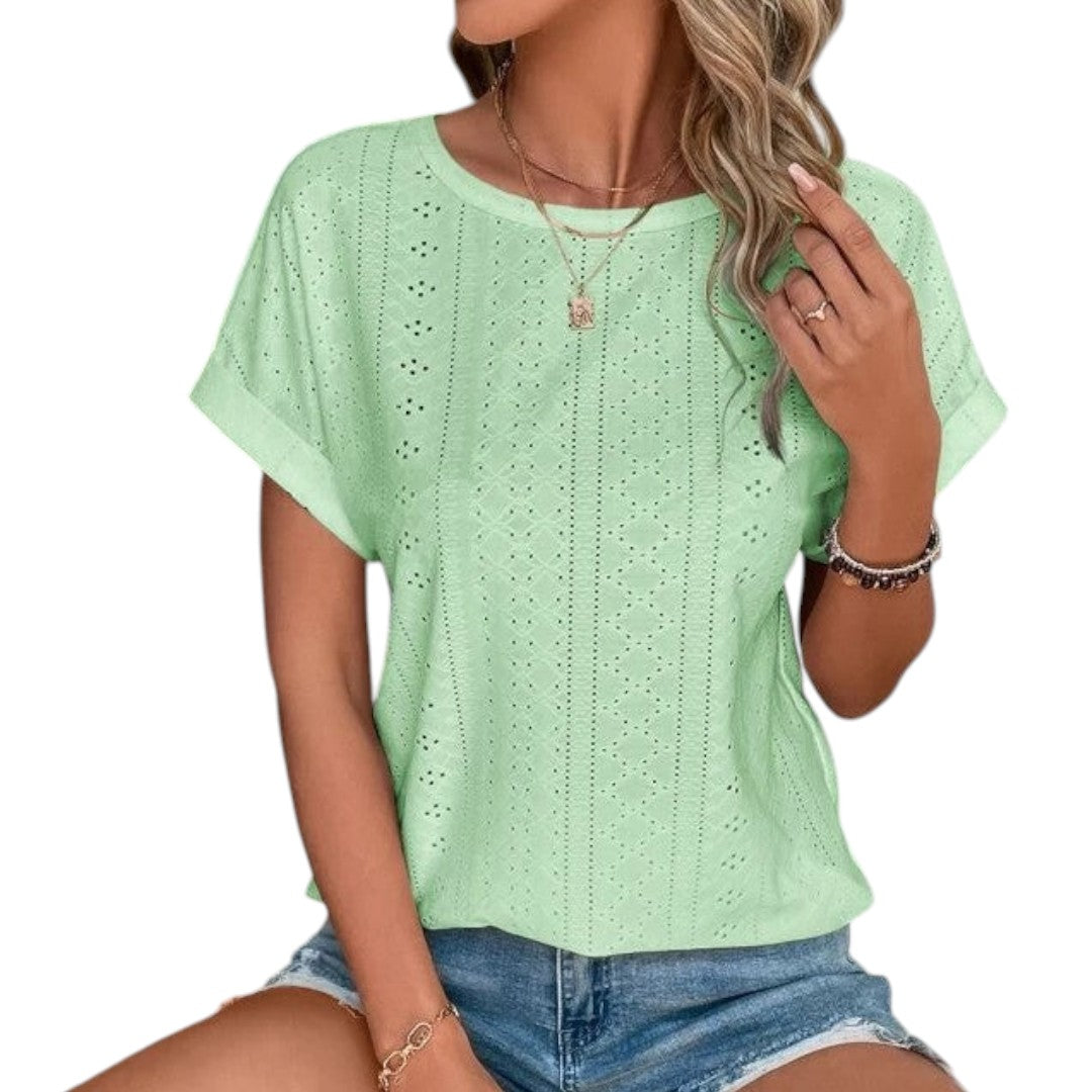 Damen-T-Shirt mit durchbrochenem Muster und kurzen Ärmeln