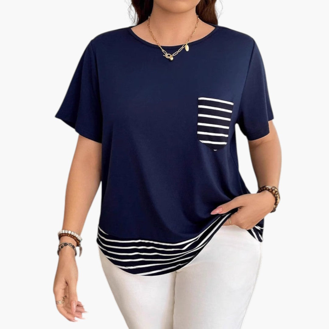 Camiseta mujer con dobladillo a rayas y bolsillo en el pecho