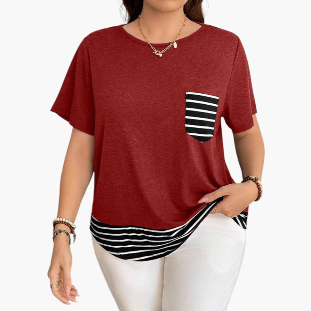 Camiseta mujer con dobladillo a rayas y bolsillo en el pecho