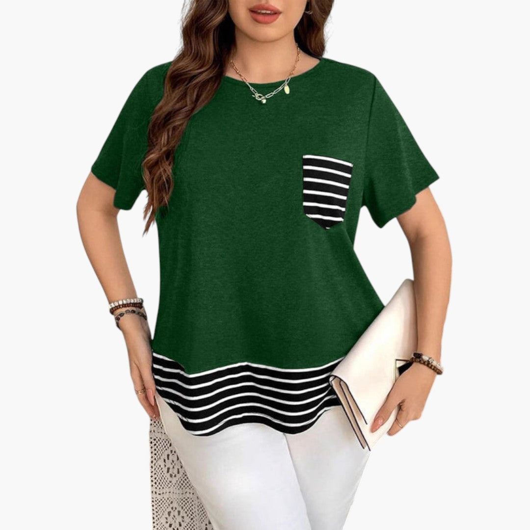 Camiseta mujer con dobladillo a rayas y bolsillo en el pecho