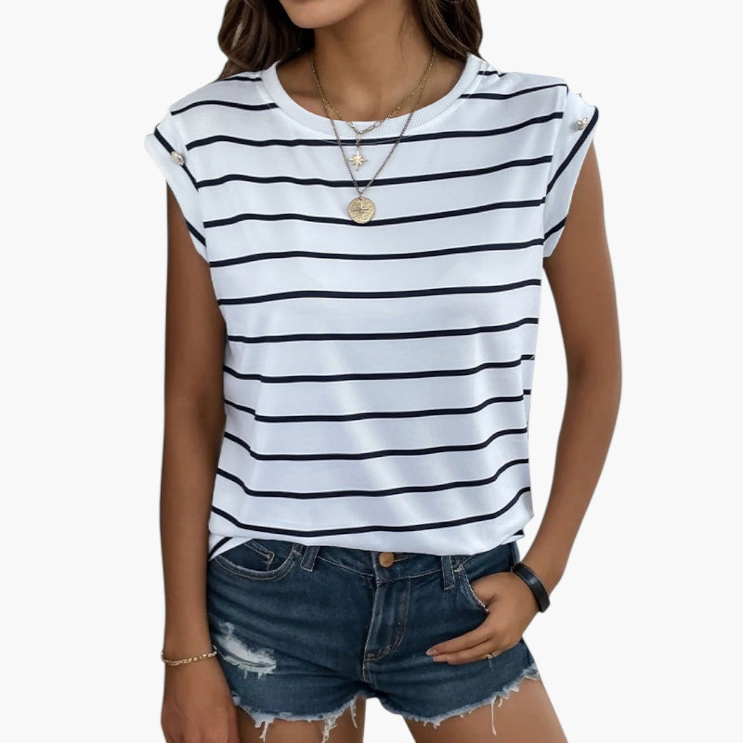 Women's striped shirt with buttoned detail on the shoulders