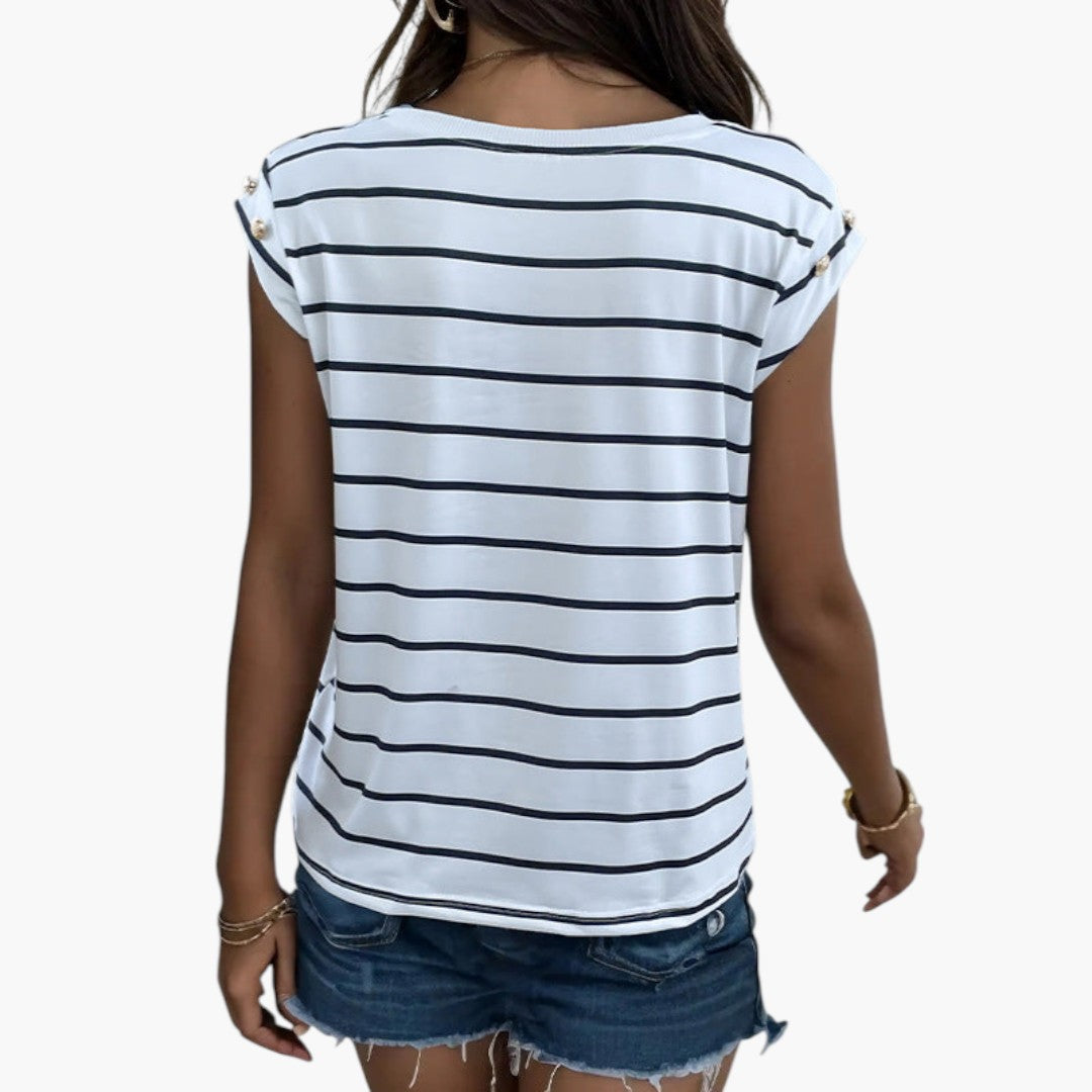 Women's striped shirt with buttoned detail on the shoulders