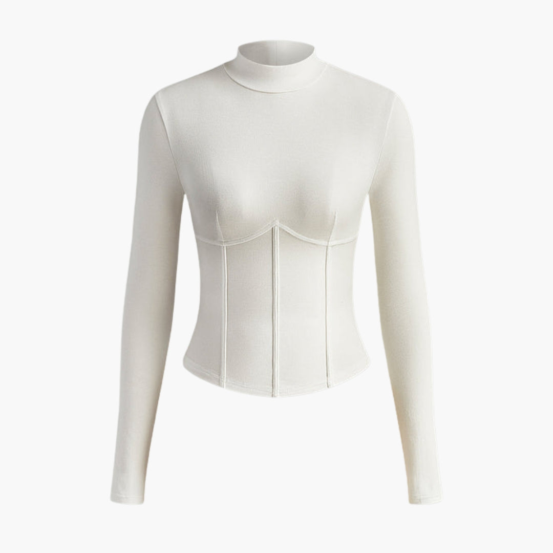 Camiseta de mujer con cuello alto y detalles ribeteados