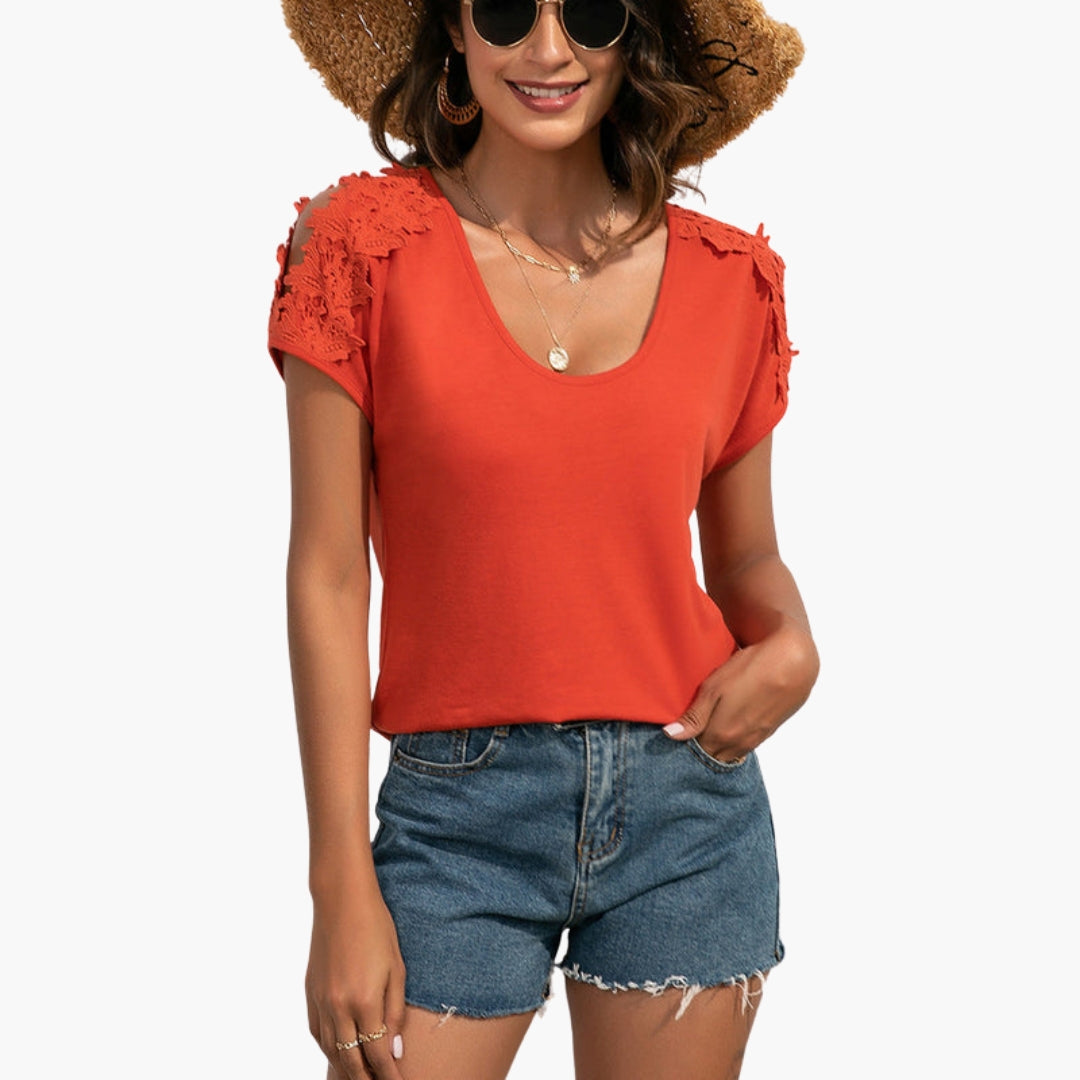 T shirt femme avec empiècements en dentelle aux épaules