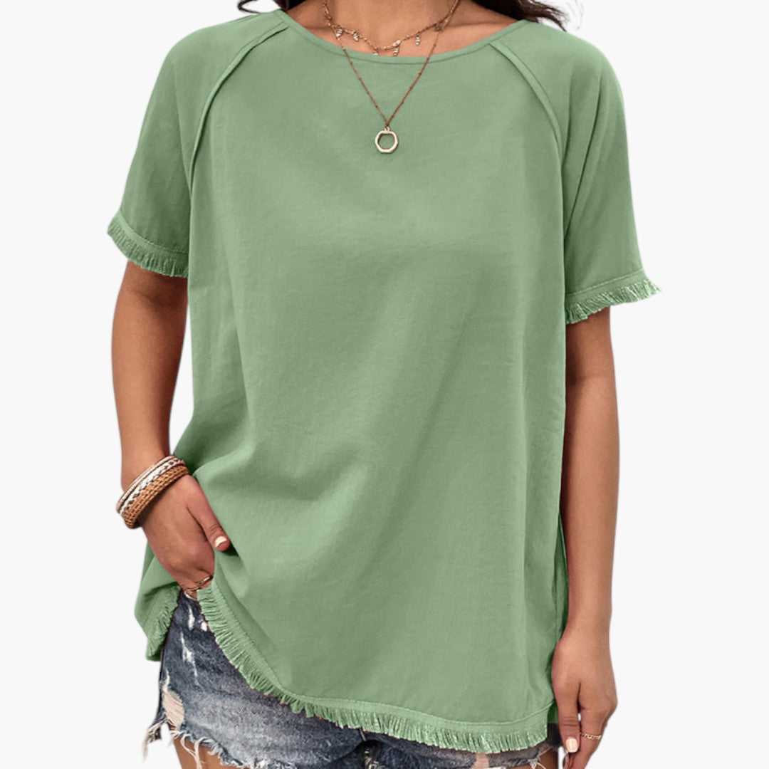 T shirt femme avec manches à franges et encolure ronde