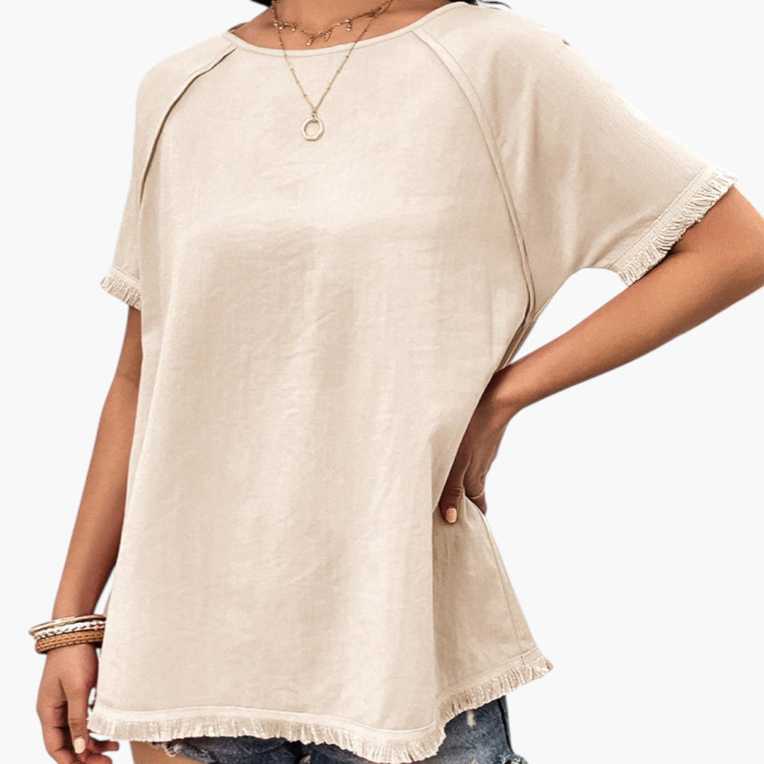 T shirt femme avec manches à franges et encolure ronde