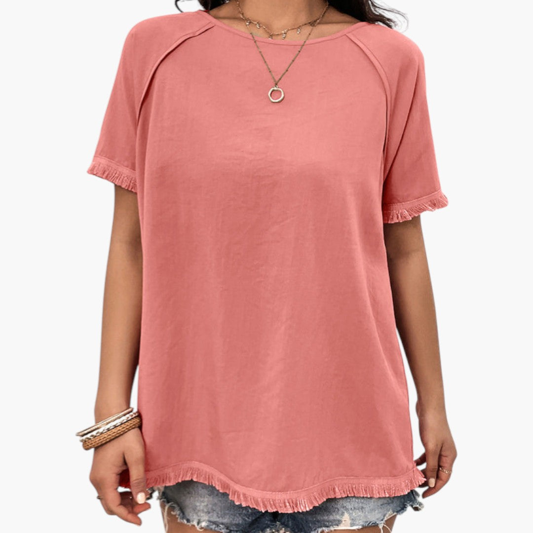 T shirt femme avec manches à franges et encolure ronde