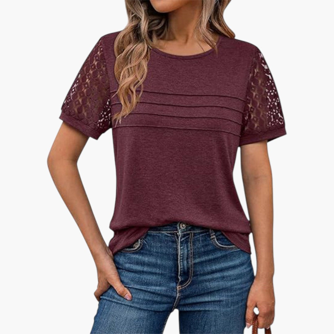 T shirt femme avec manches en crochet et devant plissé