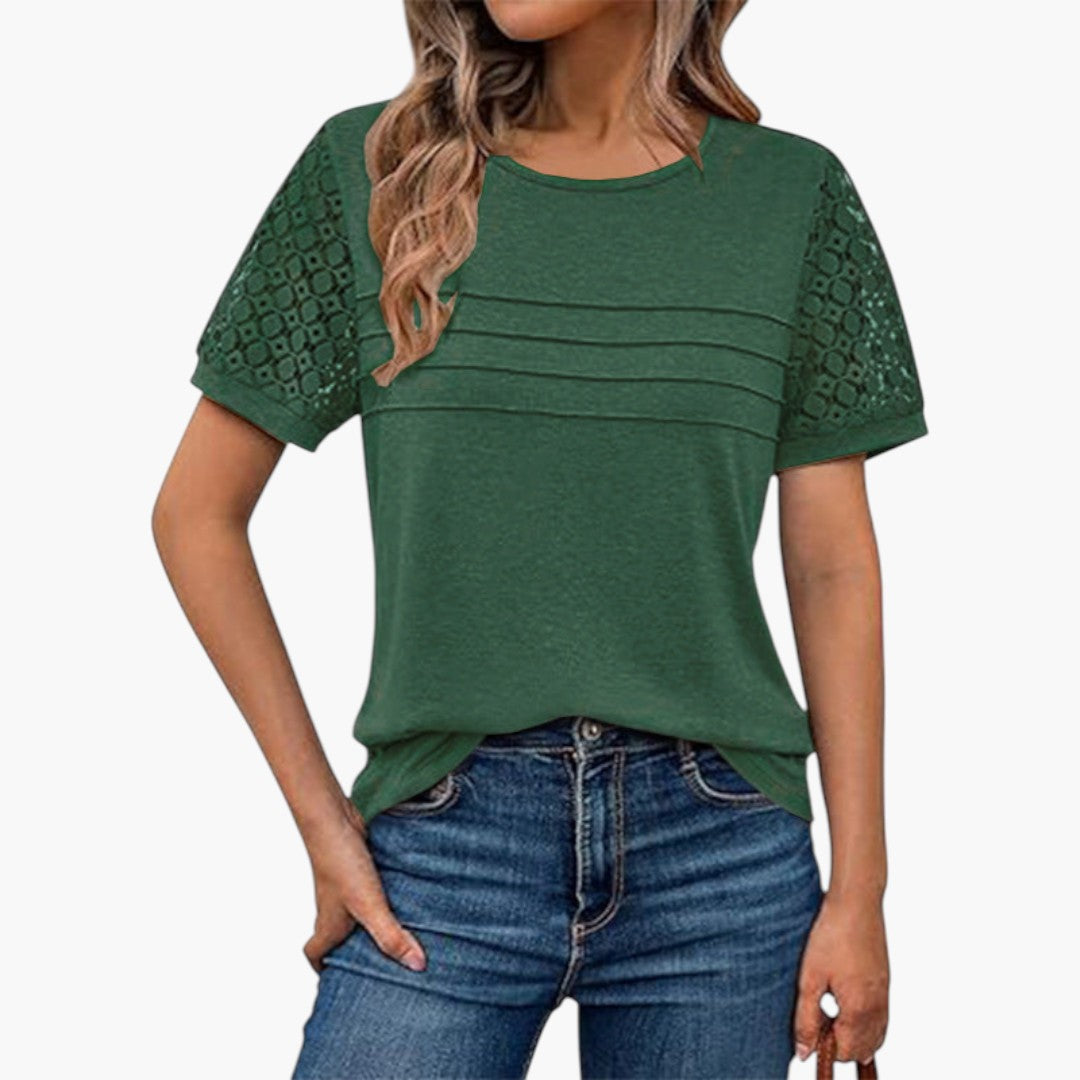 T shirt femme avec manches en crochet et devant plissé