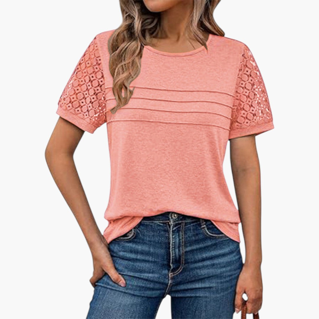 T shirt femme avec manches en crochet et devant plissé