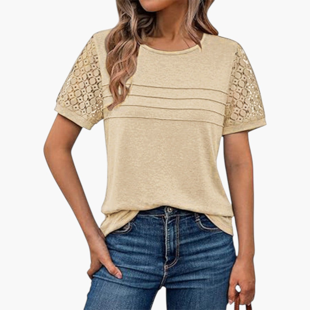 T shirt femme avec manches en crochet et devant plissé