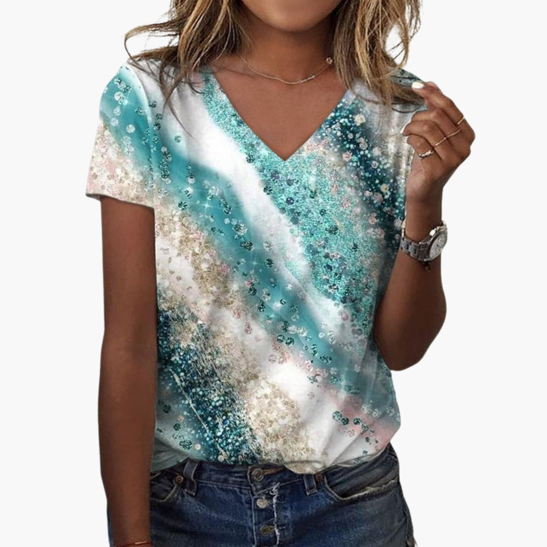 Damen-T-Shirt mit V-Ausschnitt und Farbverlaufdruck