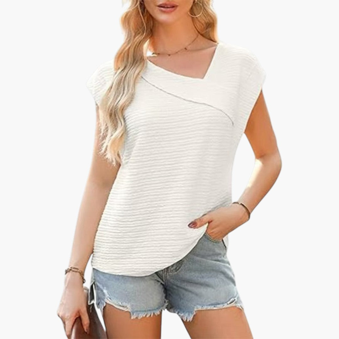 women's shirt with uneven neckline and short sleeves
