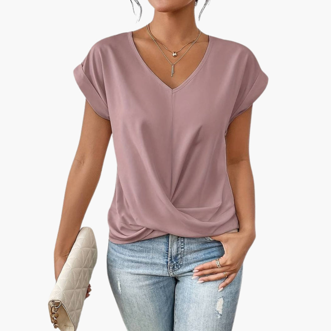 T shirt femme col en V avec bas torsadé sur le devant