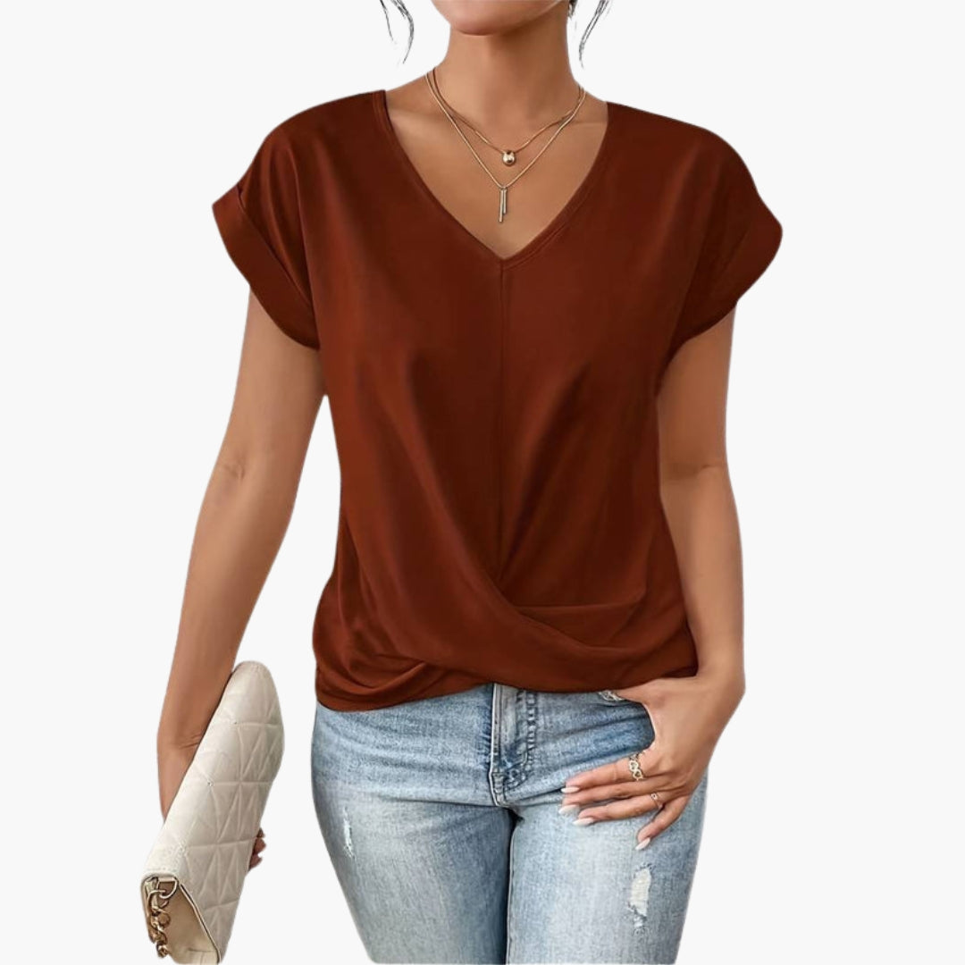 T shirt femme col en V avec bas torsadé sur le devant