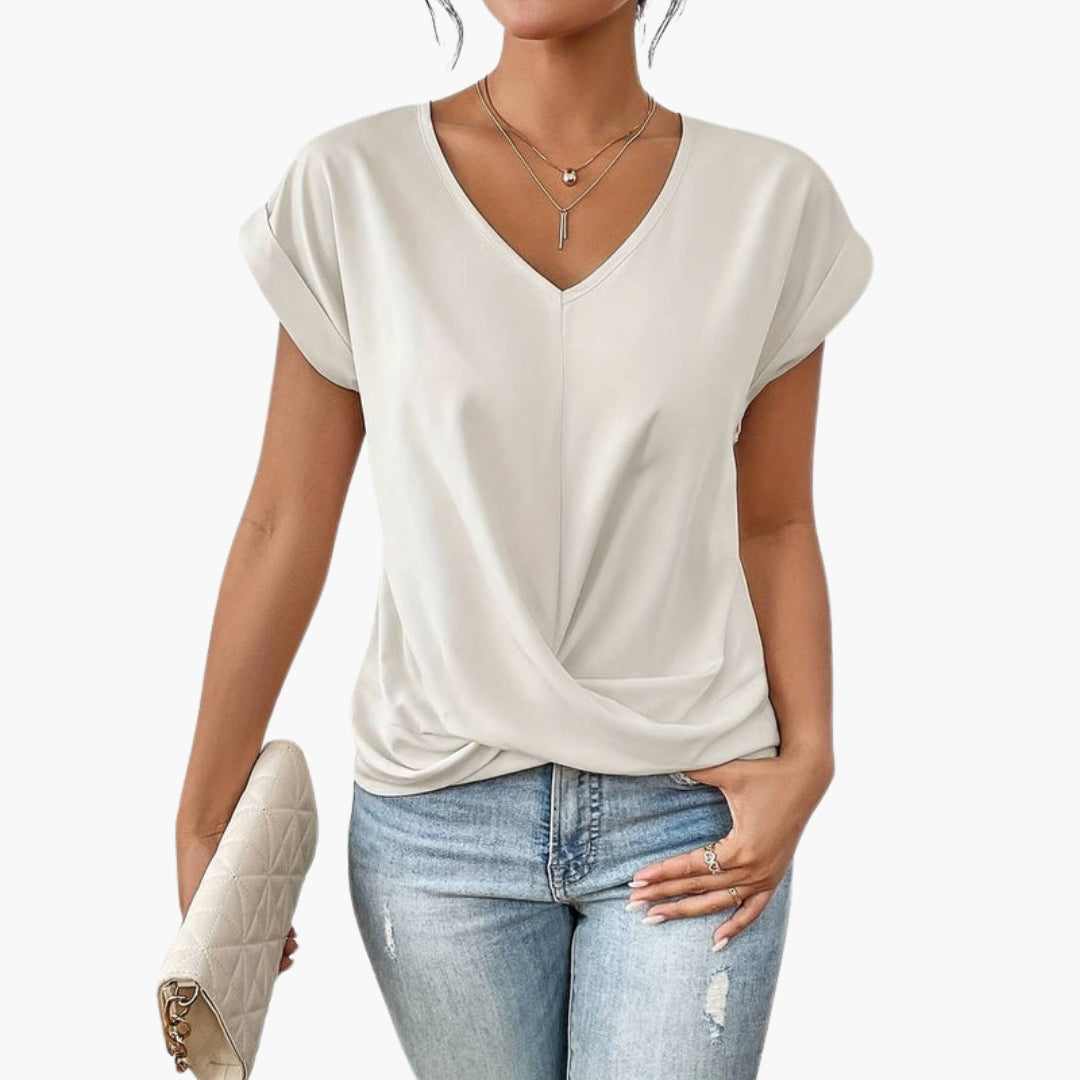 T shirt femme col en V avec bas torsadé sur le devant