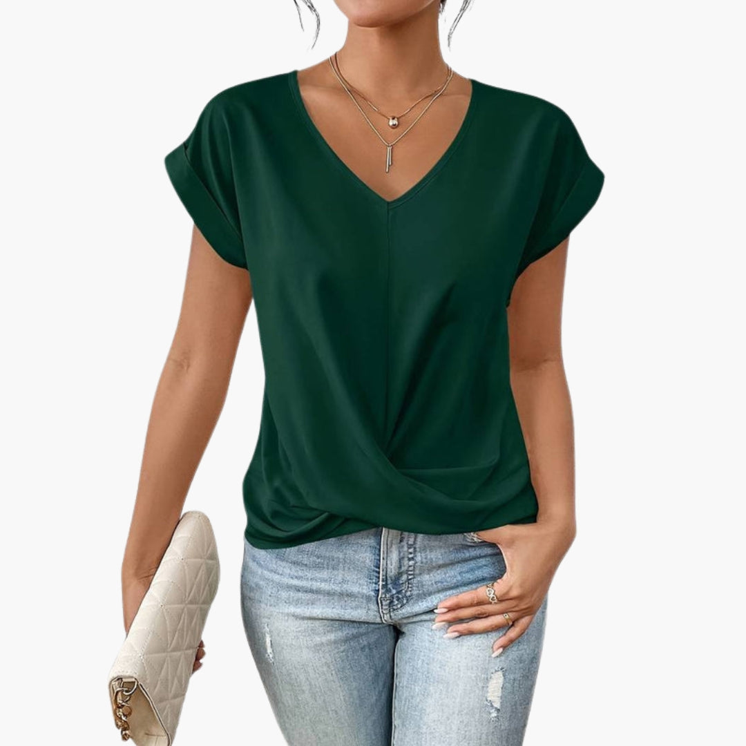 T shirt femme col en V avec bas torsadé sur le devant