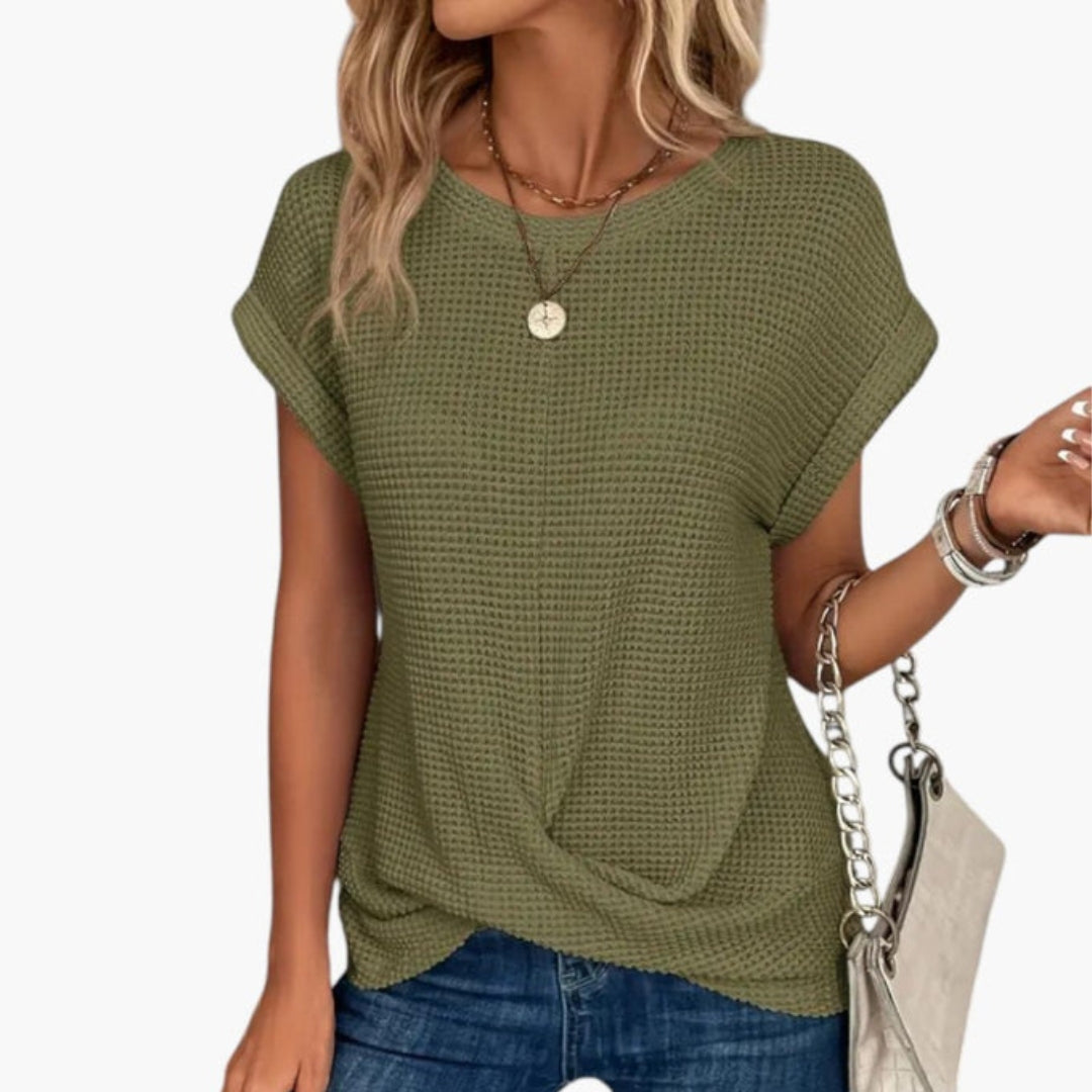 Dame T-shirt med rund hals og snoet kant foran
