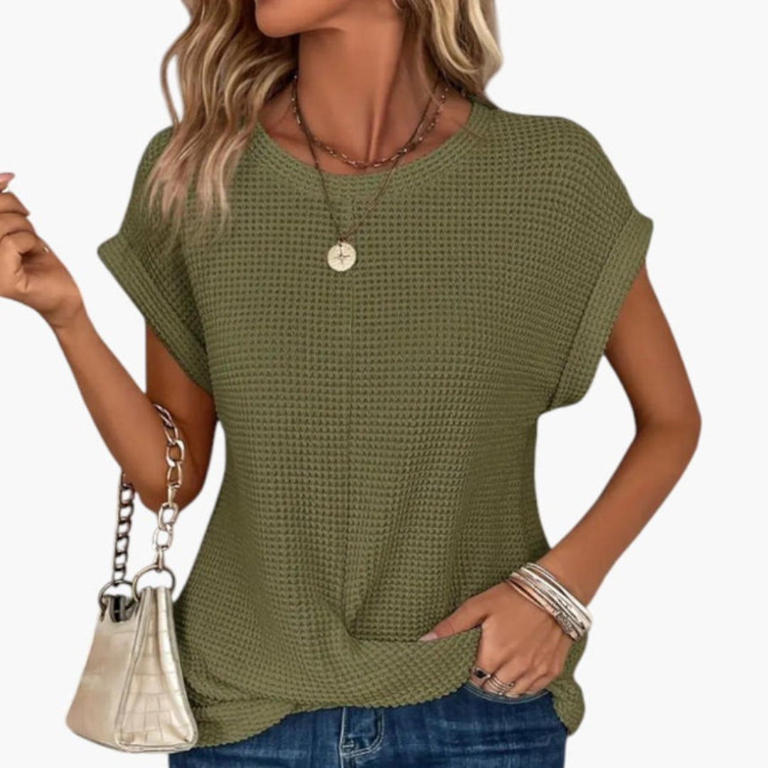 Dame T-shirt med rund hals og snoet kant foran