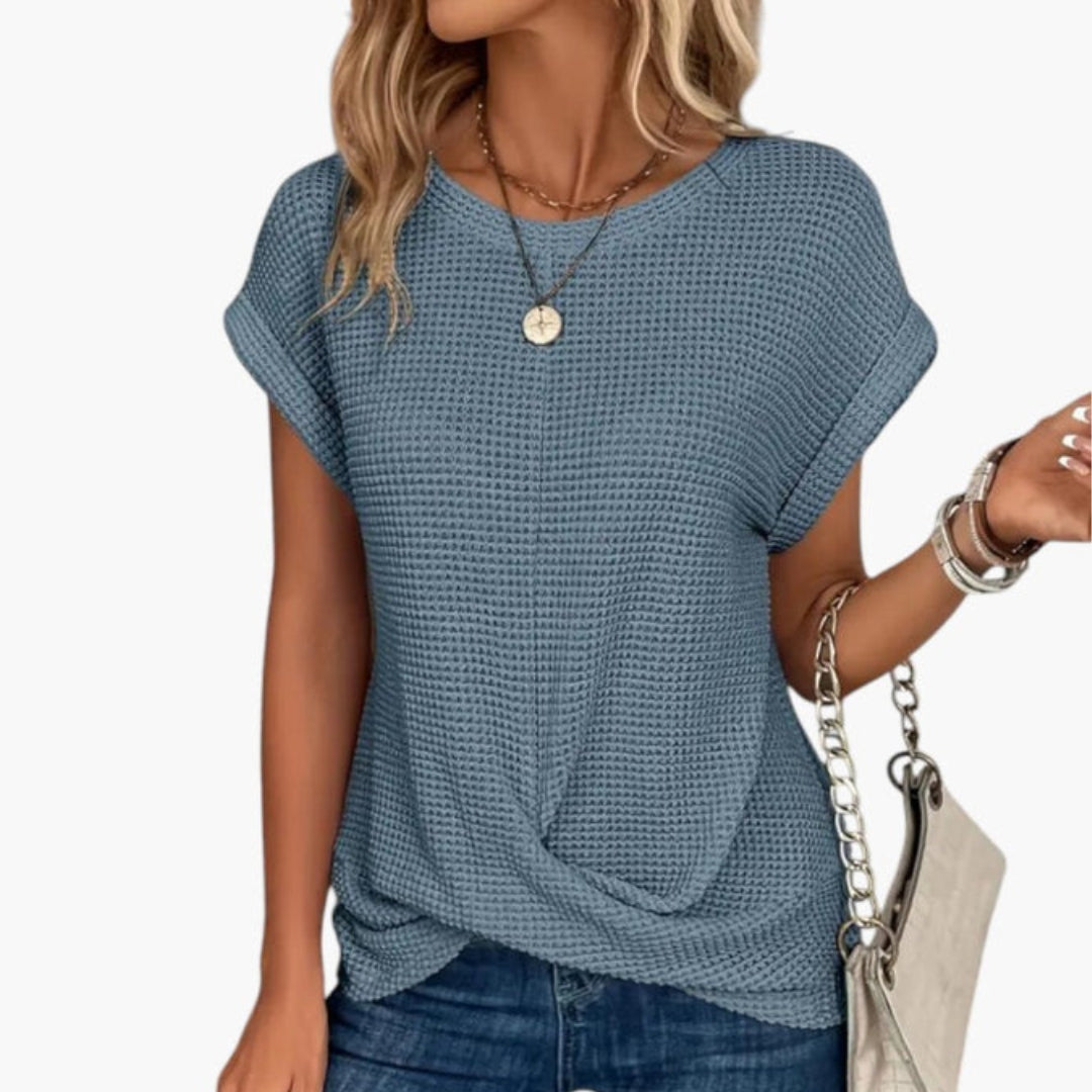 Dame T-shirt med rund hals og snoet kant foran