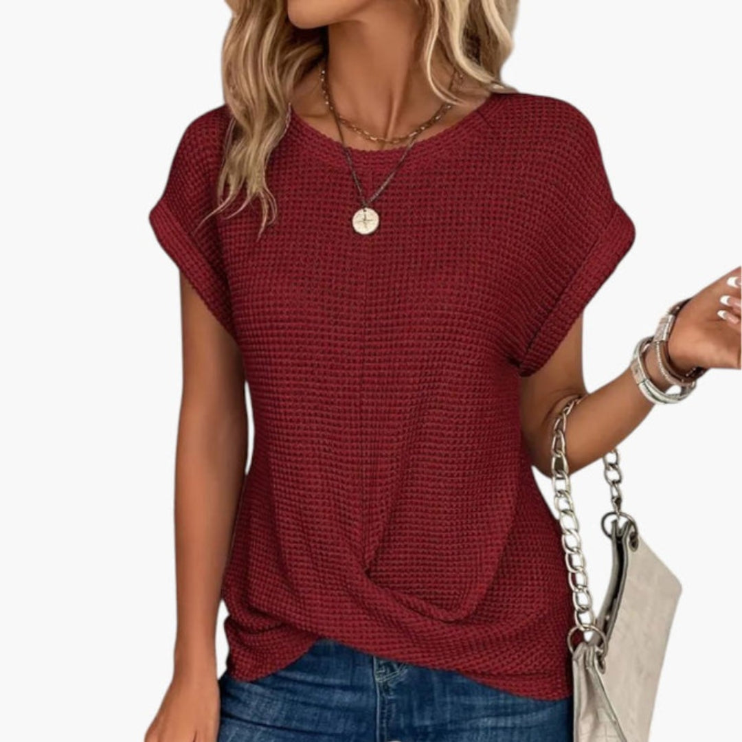 Dame T-shirt med rund hals og snoet kant foran
