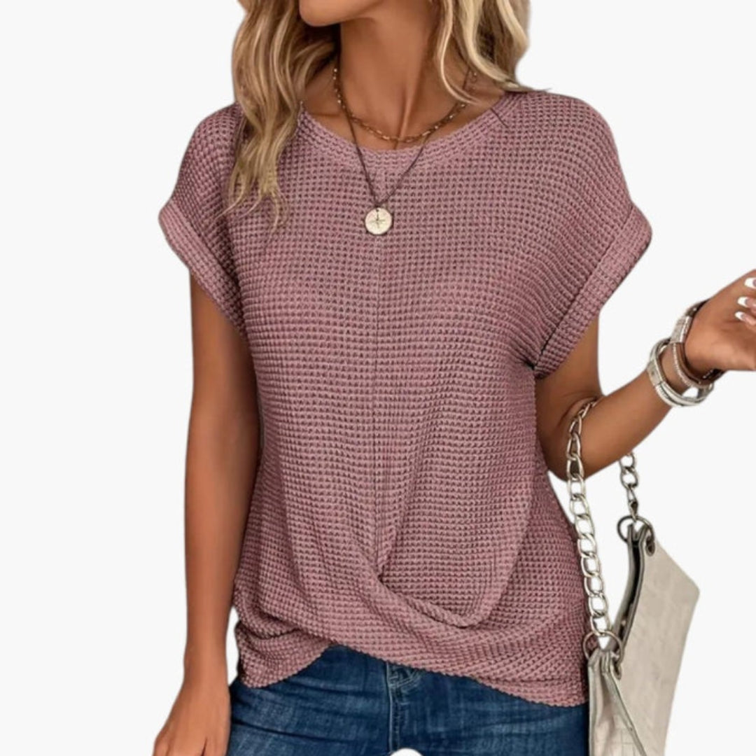 Dame T-shirt med rund hals og snoet kant foran