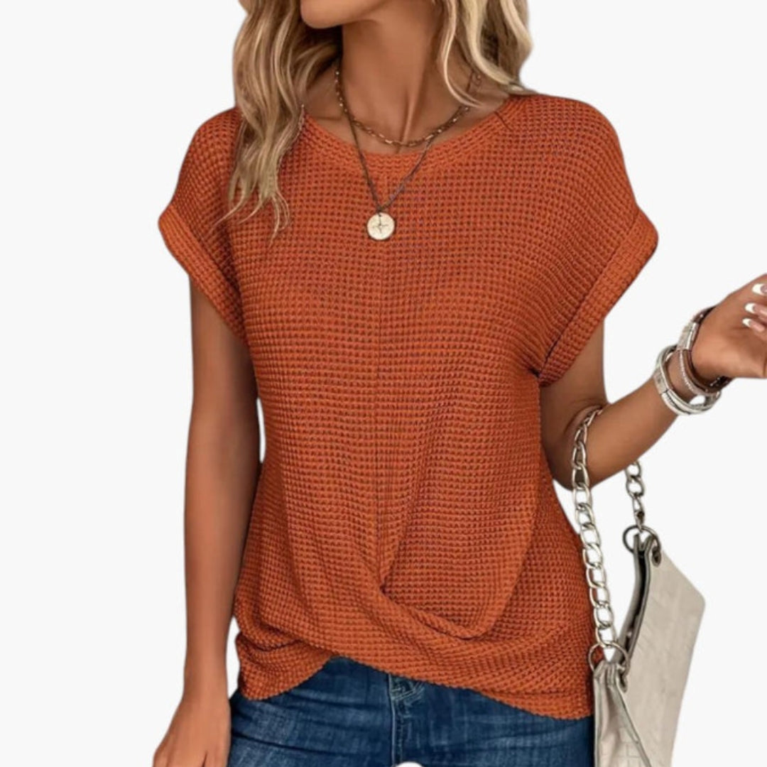 Dame T-shirt med rund hals og snoet kant foran