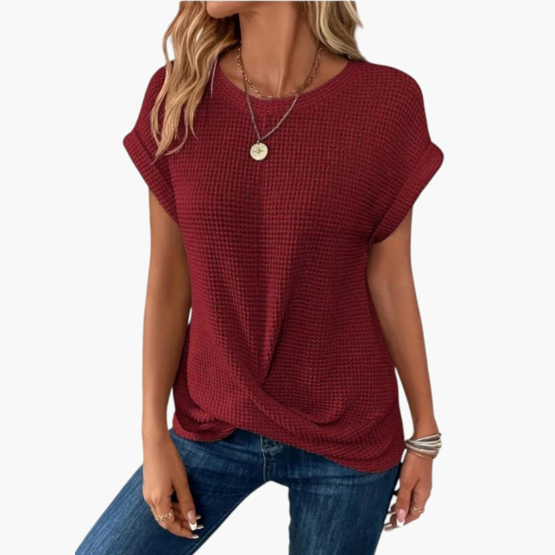 Dame T-shirt med rund hals og snoet kant foran