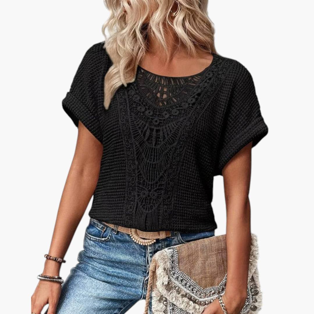 Damen-T-Shirt mit Rundhalsausschnitt und Einsätzen aus Spitze