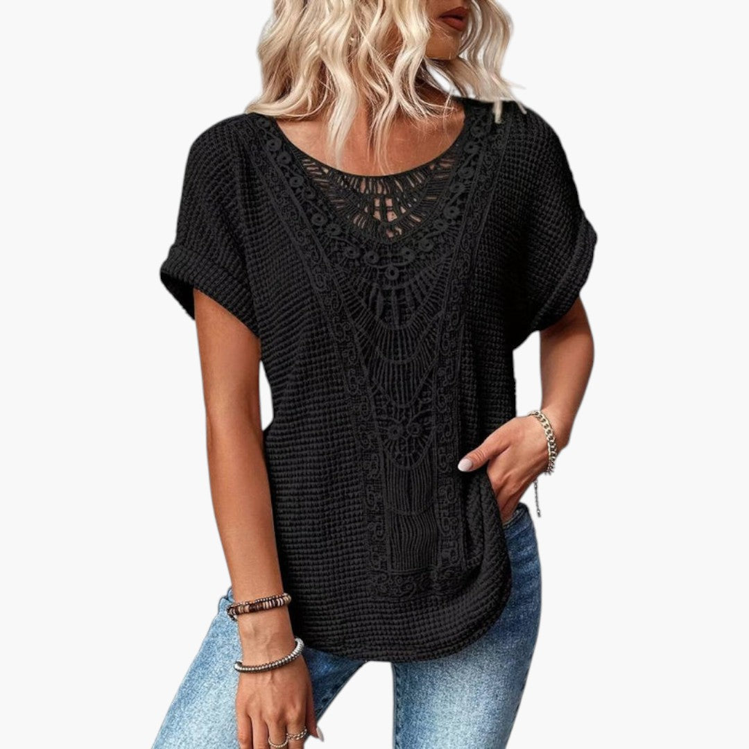 Damen-T-Shirt mit Rundhalsausschnitt und Einsätzen aus Spitze