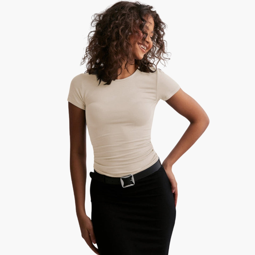 Damen-T-Shirt mit Rundhalsausschnitt, taillierter Schnitt, dehnbares Maschengewebe