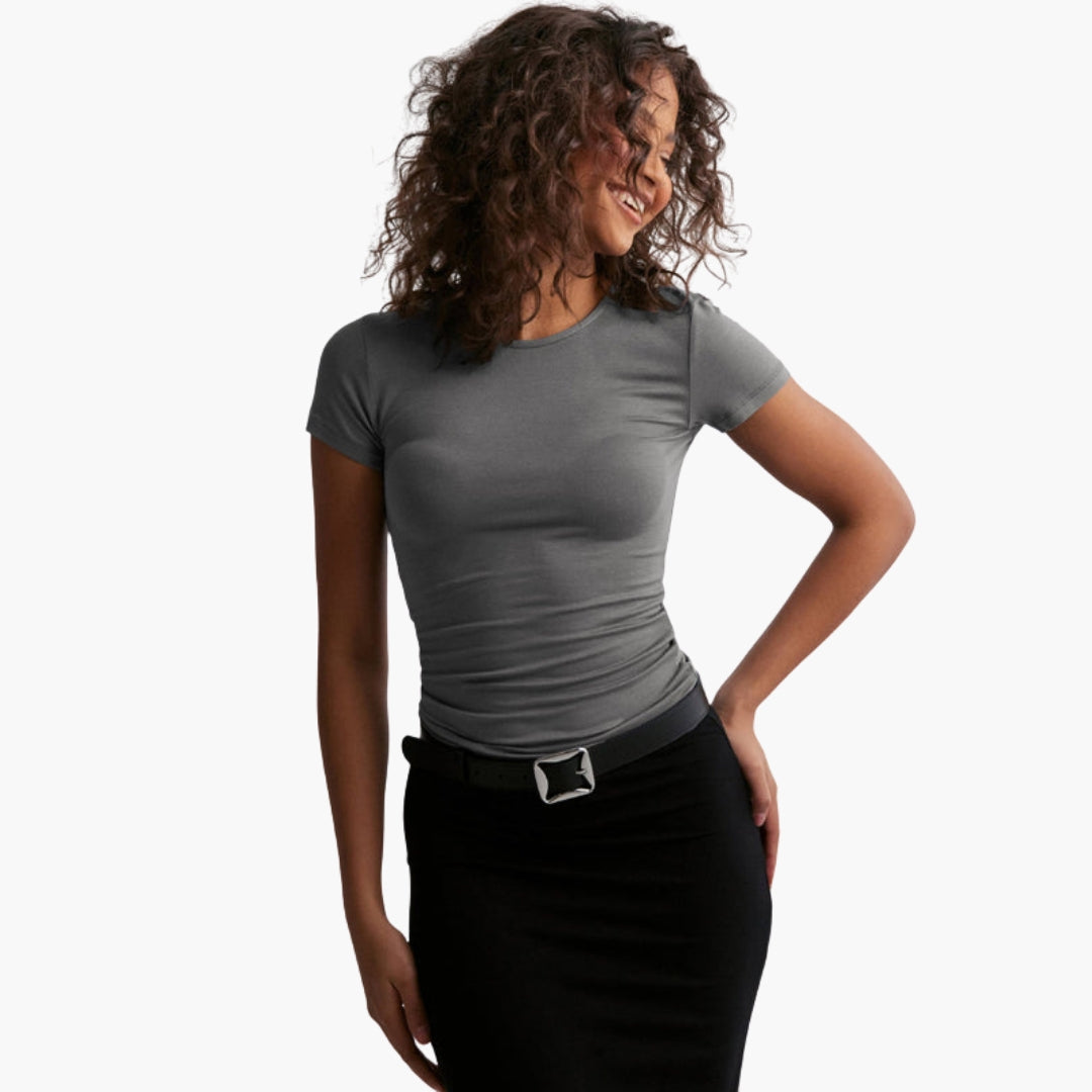 Damen-T-Shirt mit Rundhalsausschnitt, taillierter Schnitt, dehnbares Maschengewebe