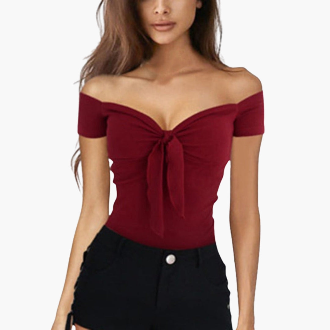 T shirt femme épaules dénudées avec lien sur le devant